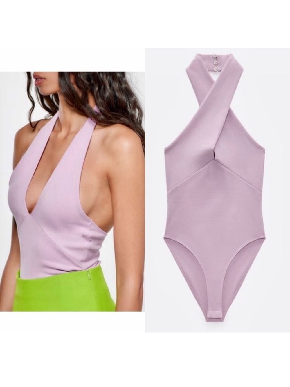 Zara lilac purple deep V plunge front twist halter bodysuit Sz M NWT - Picture 2 of 13